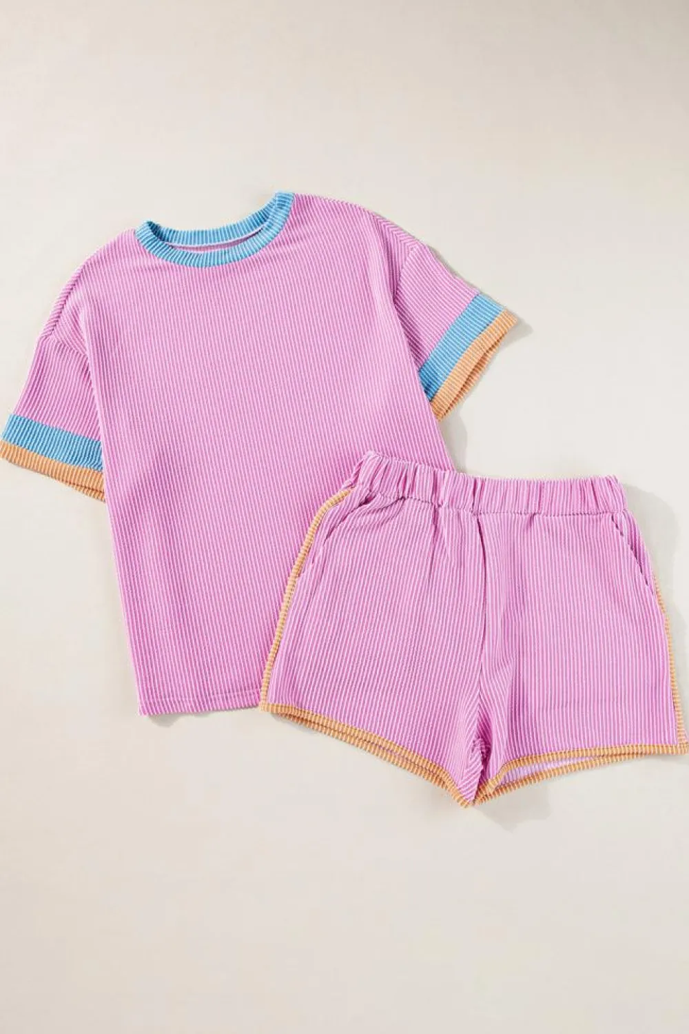 Sale Dear-Lover Contrast Trim Corded Texture Short 2pcs Set Phalaenopsis