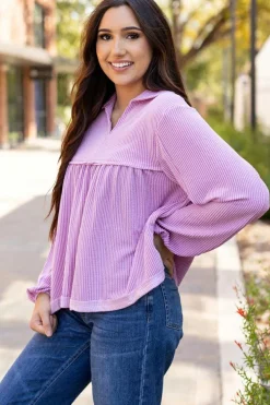 Online Dear-Lover Corded Turn-down V Neck Bubble Sleeve Babydoll Blouse Phalaenopsis