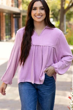 Online Dear-Lover Corded Turn-down V Neck Bubble Sleeve Babydoll Blouse Phalaenopsis