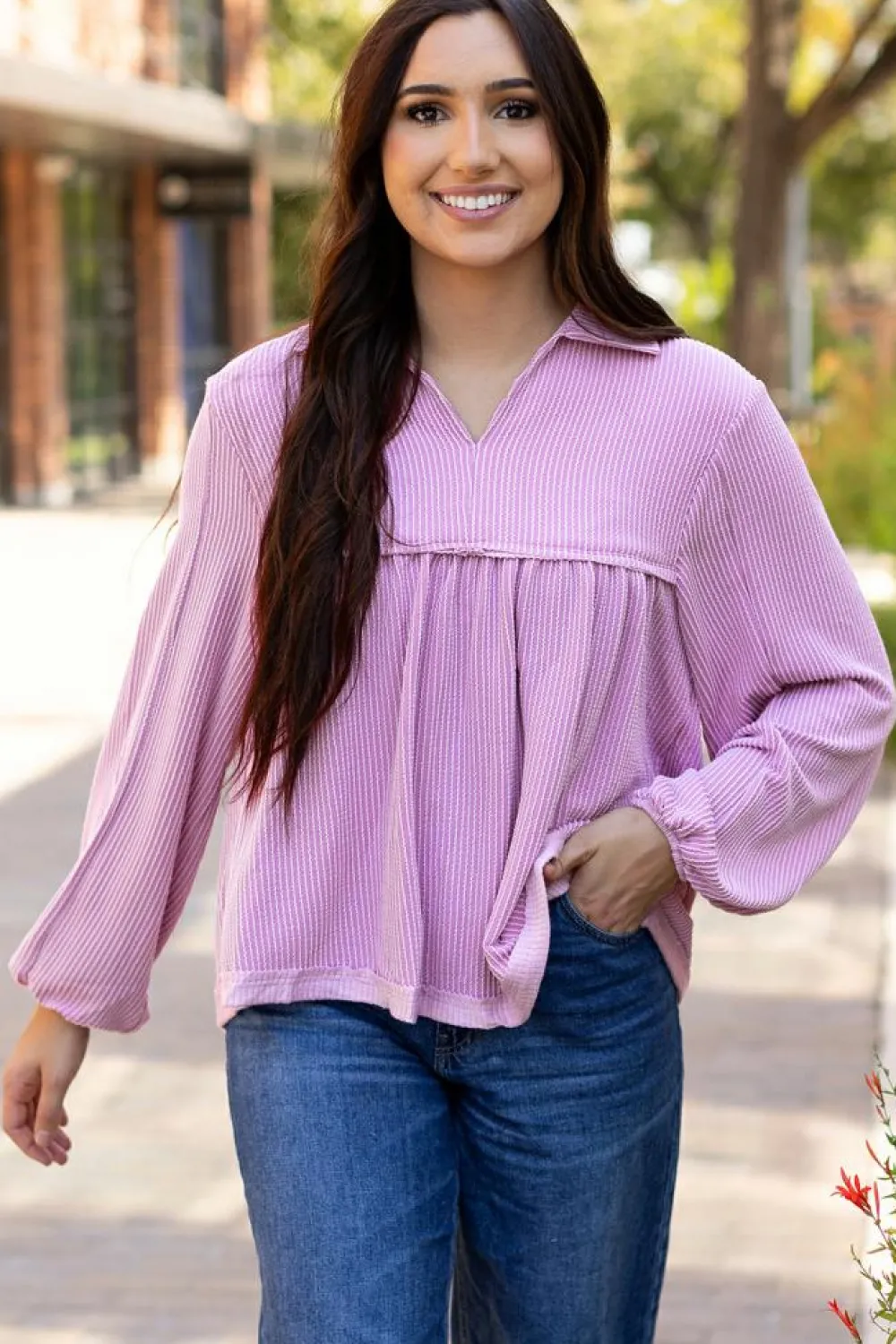 Online Dear-Lover Corded Turn-down V Neck Bubble Sleeve Babydoll Blouse Phalaenopsis