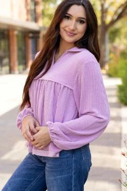 Online Dear-Lover Corded Turn-down V Neck Bubble Sleeve Babydoll Blouse Phalaenopsis