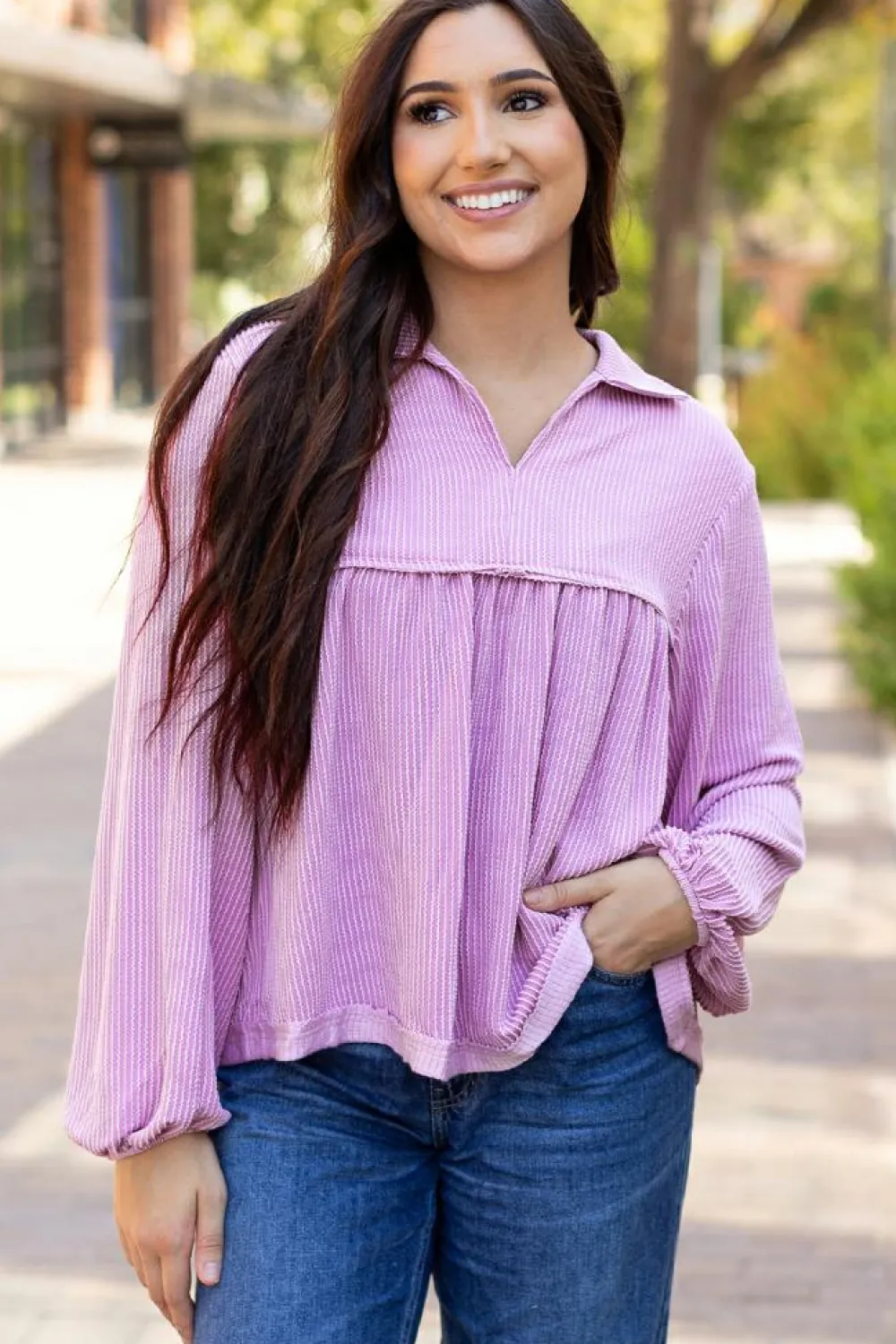 Online Dear-Lover Corded Turn-down V Neck Bubble Sleeve Babydoll Blouse Phalaenopsis