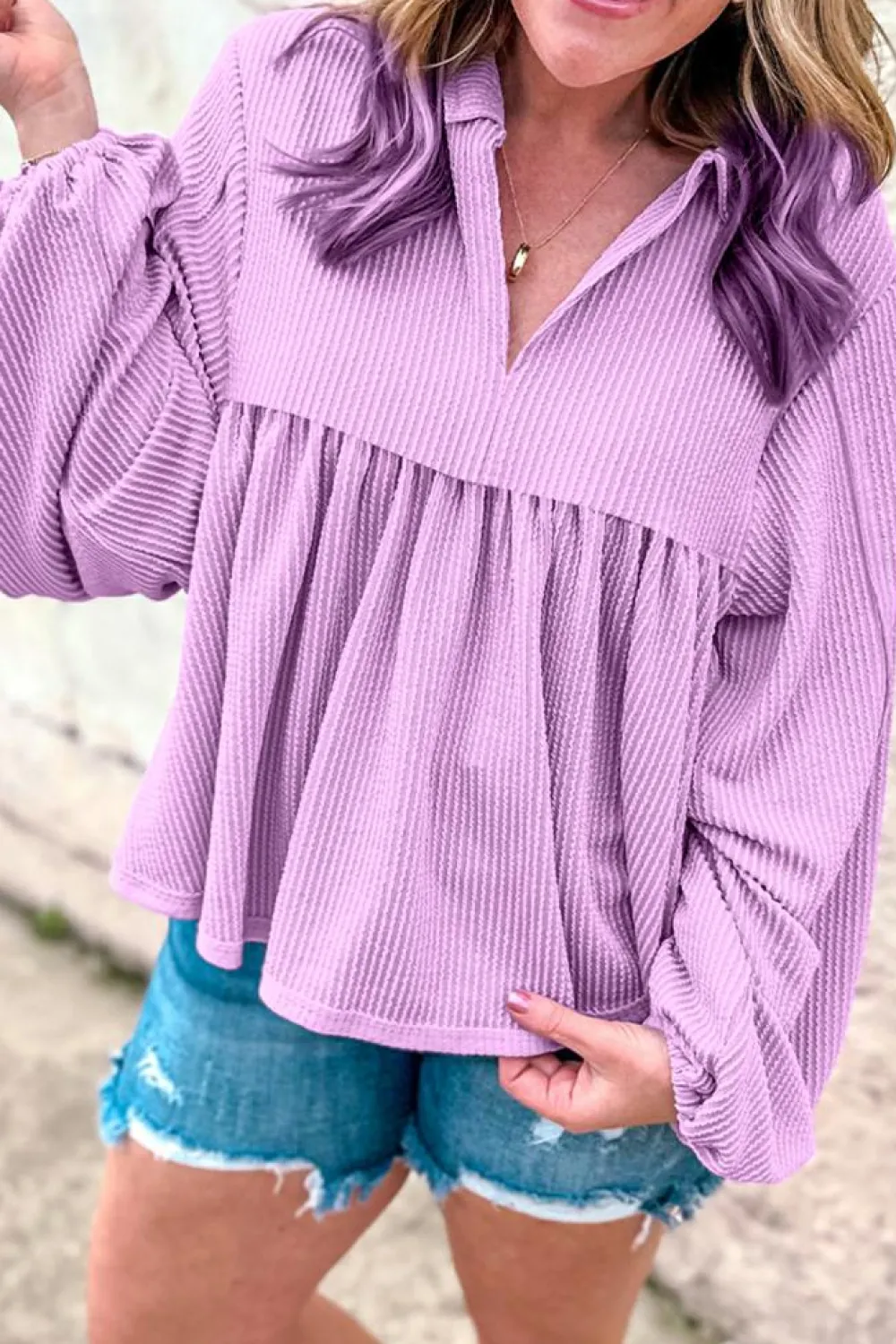 Online Dear-Lover Corded Turn-down V Neck Bubble Sleeve Babydoll Blouse Phalaenopsis