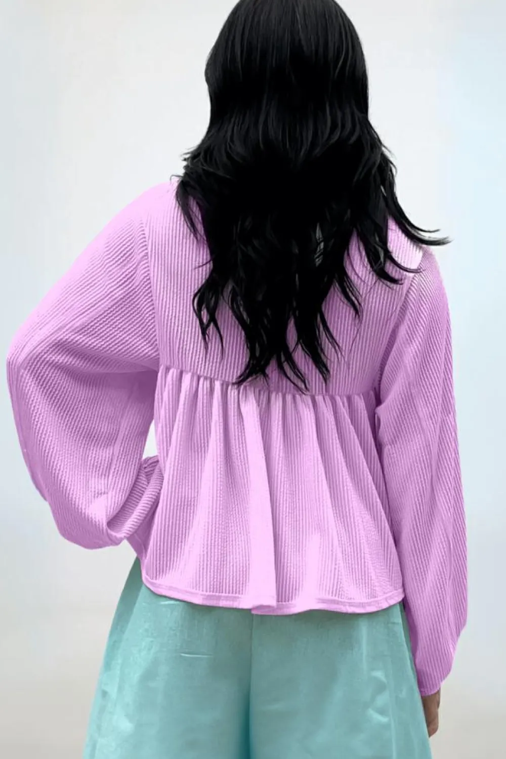 Online Dear-Lover Corded Turn-down V Neck Bubble Sleeve Babydoll Blouse Phalaenopsis