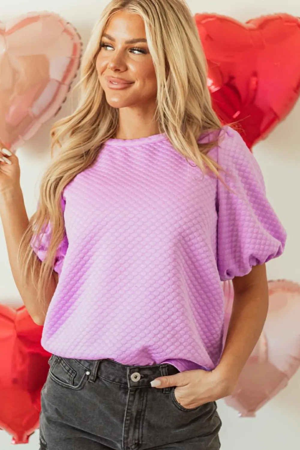 Sale Dear-Lover Solid Textured O Neck Puff Sleeve Blouse Phalaenopsis