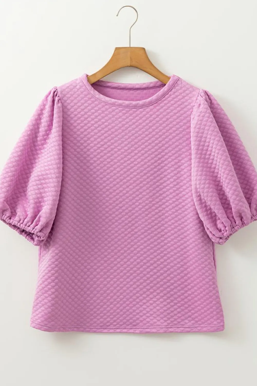 Sale Dear-Lover Solid Textured O Neck Puff Sleeve Blouse Phalaenopsis