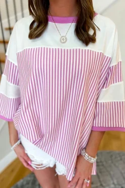 New Dear-Lover Striped Patchwork 3/4 Sleeve Casual Top Phalaenopsis