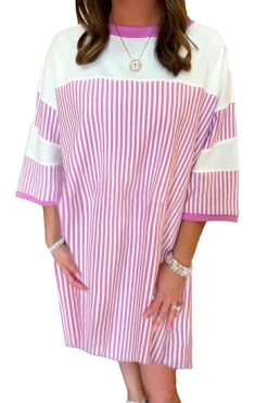New Dear-Lover Striped Patchwork Three Quarters Sleeve Loose Mini Dress Phalaenopsis