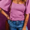Hot Dear-Lover Textured Square Neck Half Sleeve Knitted Top Phalaenopsis