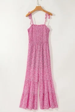 New Dear-Lover Thin Straps Smocked Bodice Wide Leg Floral Jumpsuit Phalaenopsis
