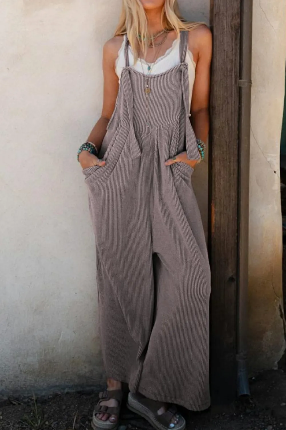 Clearance Dear-Lover Corded Adjustable Straps Wide Leg Loose Overall Philippine Gray