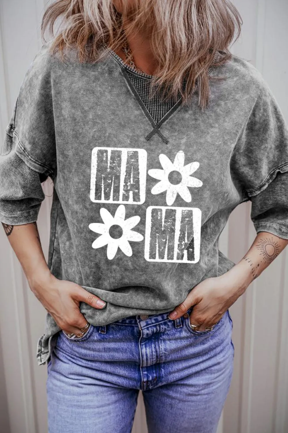 Best Dear-Lover MAMA Daisy Flower Graphic Mineral Wash Drop Shoulder Vintage Tee Philippine Gray
