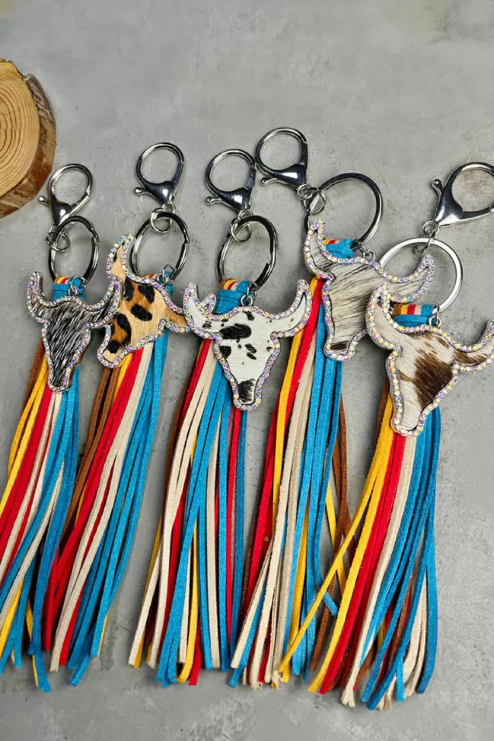 Online Dear-Lover Rhinestone Steer Head Colorful Tassel Key Ring Philippine Gray