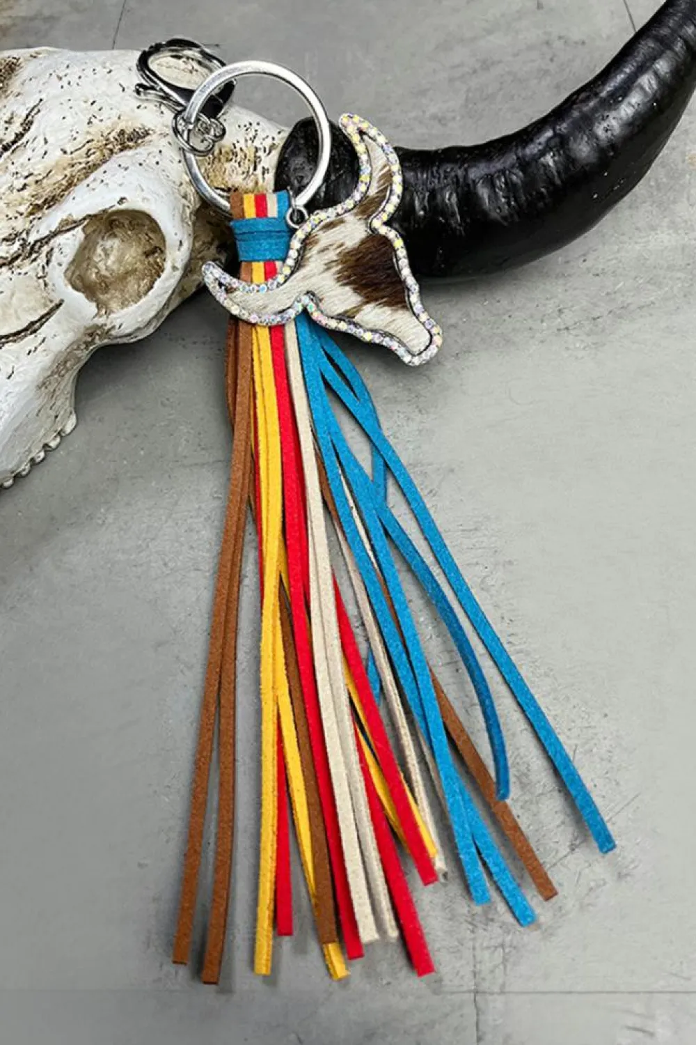 Online Dear-Lover Rhinestone Steer Head Colorful Tassel Key Ring Philippine Gray