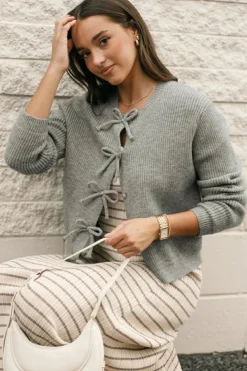 Hot Dear-Lover Ribbed Knit Bow Front Buttoned Cardigan Philippine Gray