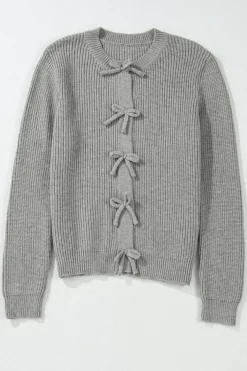 Hot Dear-Lover Ribbed Knit Bow Front Buttoned Cardigan Philippine Gray