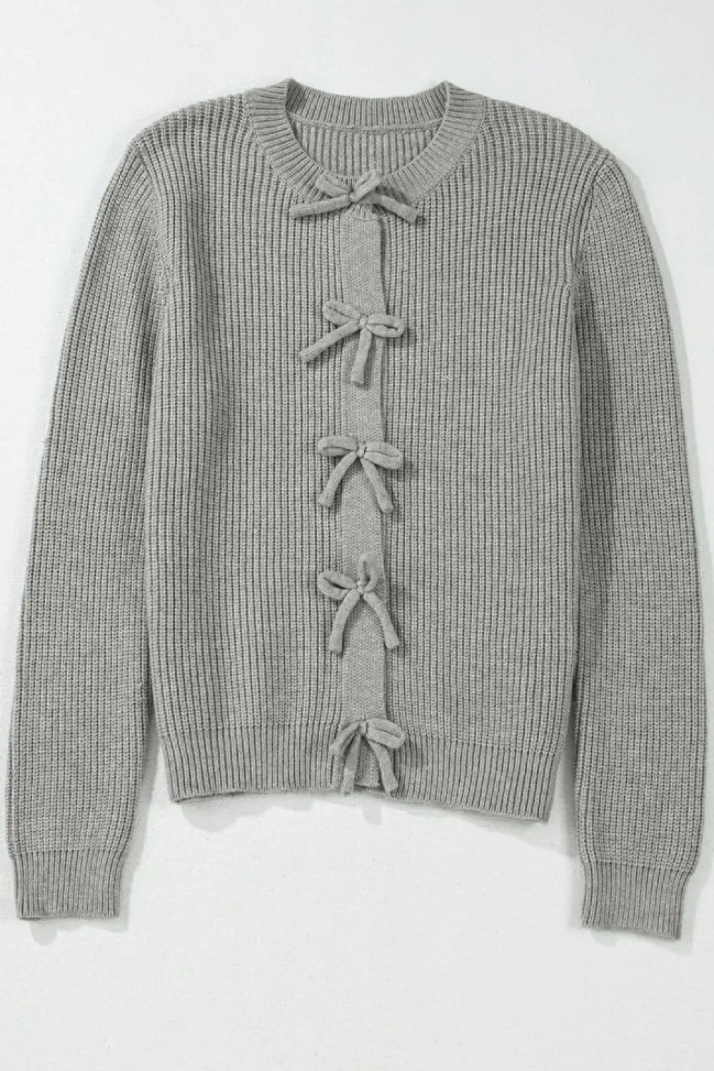 Hot Dear-Lover Ribbed Knit Bow Front Buttoned Cardigan Philippine Gray