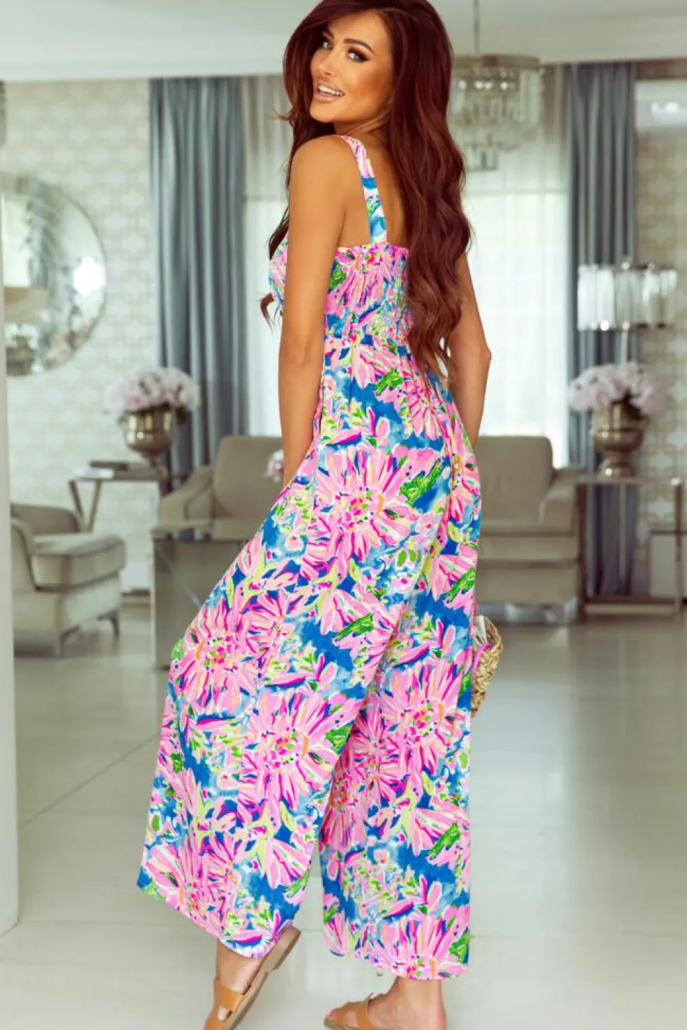 New Dear-Lover Abstract Floral Painting Smocked Wide Leg Jumpsuit Pink