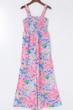 New Dear-Lover Abstract Floral Painting Smocked Wide Leg Jumpsuit Pink