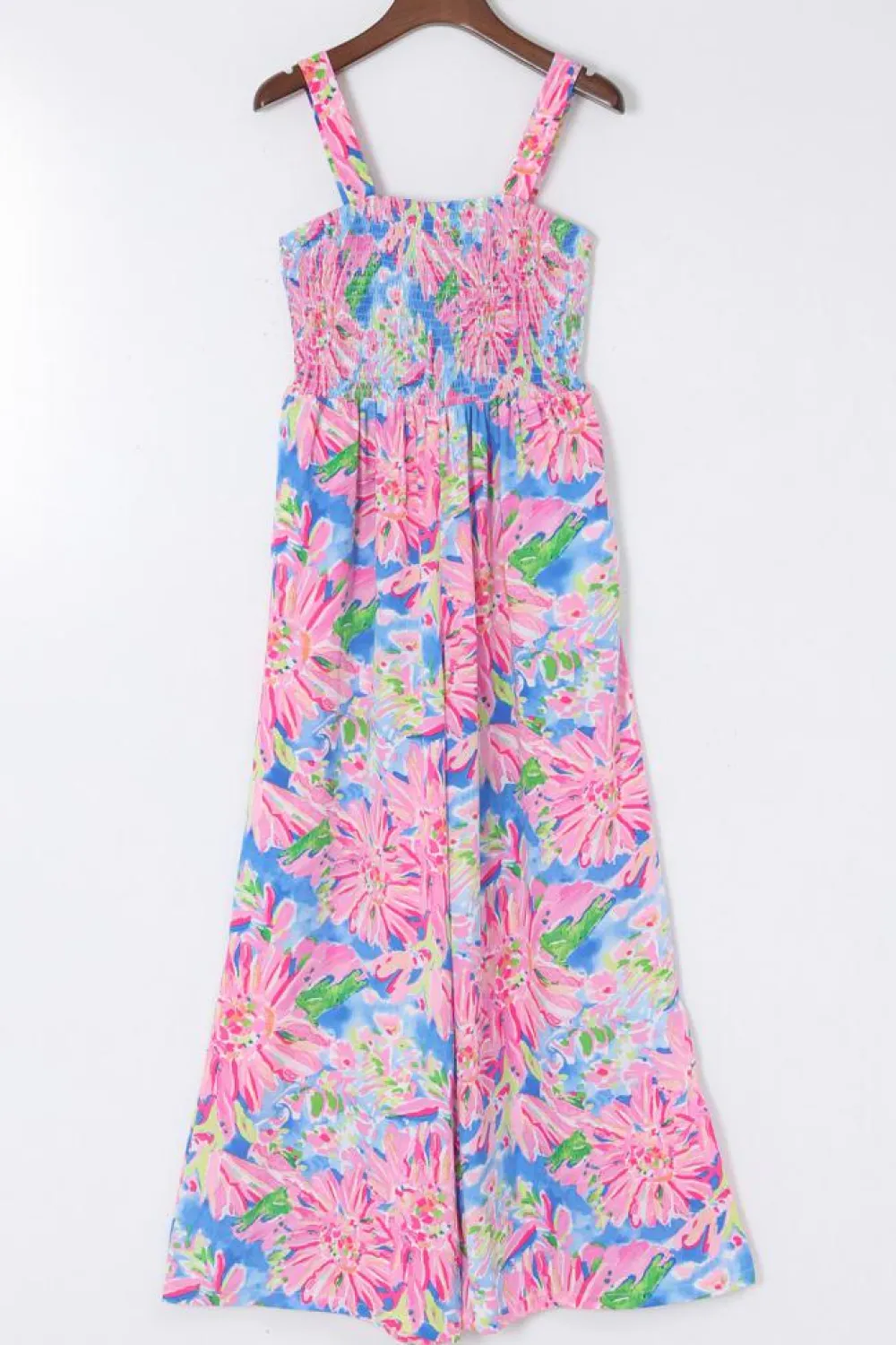 New Dear-Lover Abstract Floral Painting Smocked Wide Leg Jumpsuit Pink