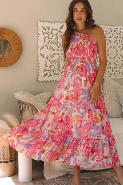 Hot Dear-Lover Abstract Floral Print Shirred One Shoulder Maxi Dress Pink