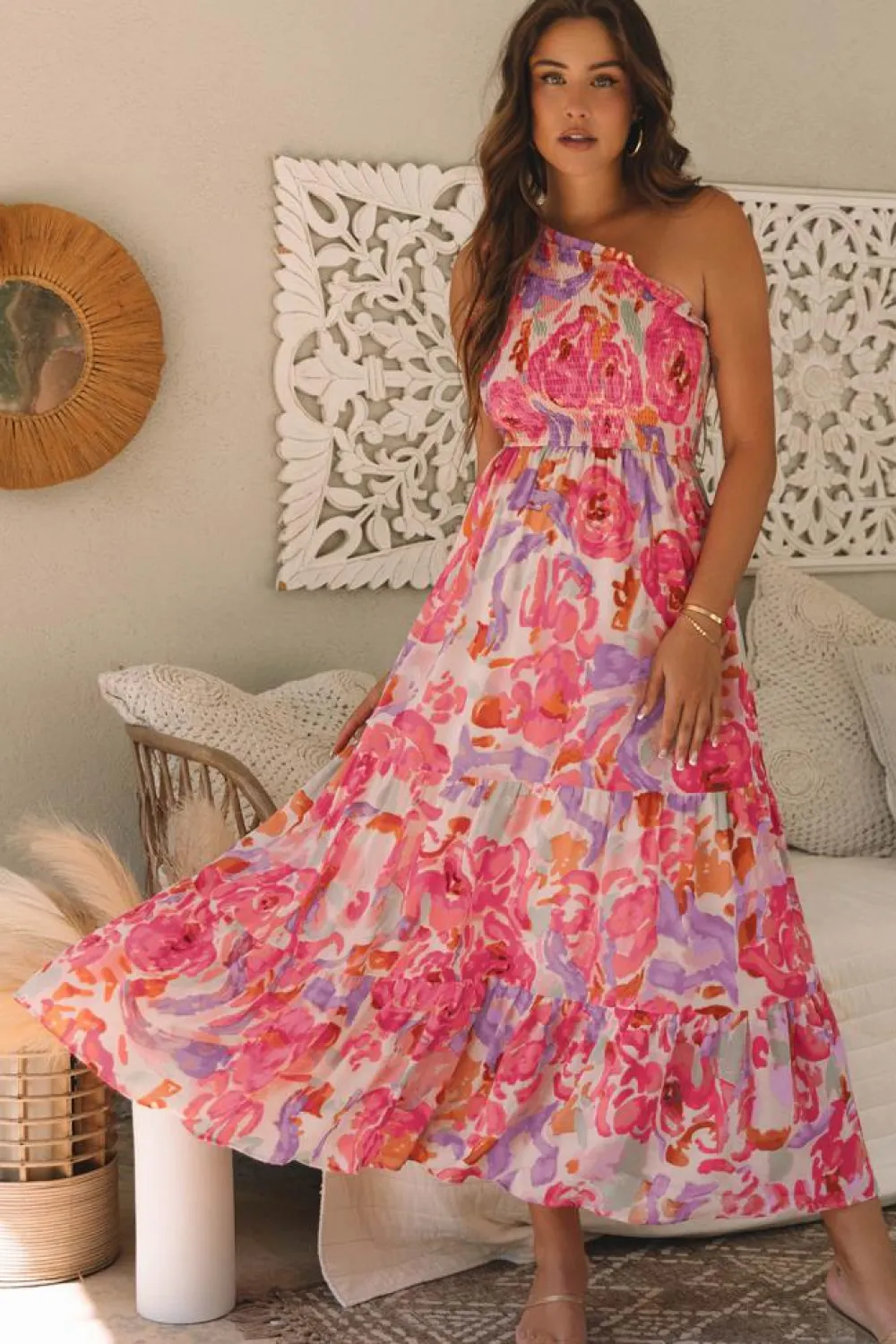Hot Dear-Lover Abstract Floral Print Shirred One Shoulder Maxi Dress Pink