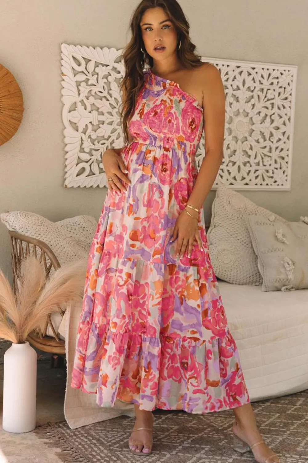 Hot Dear-Lover Abstract Floral Print Shirred One Shoulder Maxi Dress Pink
