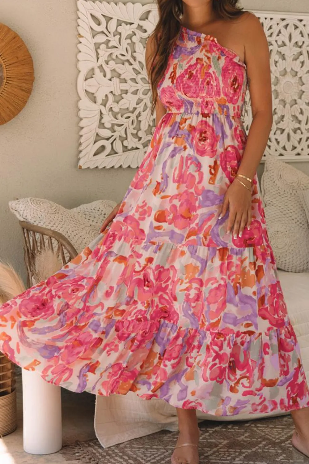 Hot Dear-Lover Abstract Floral Print Shirred One Shoulder Maxi Dress Pink
