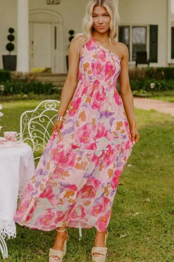 Hot Dear-Lover Abstract Floral Print Shirred One Shoulder Maxi Dress Pink