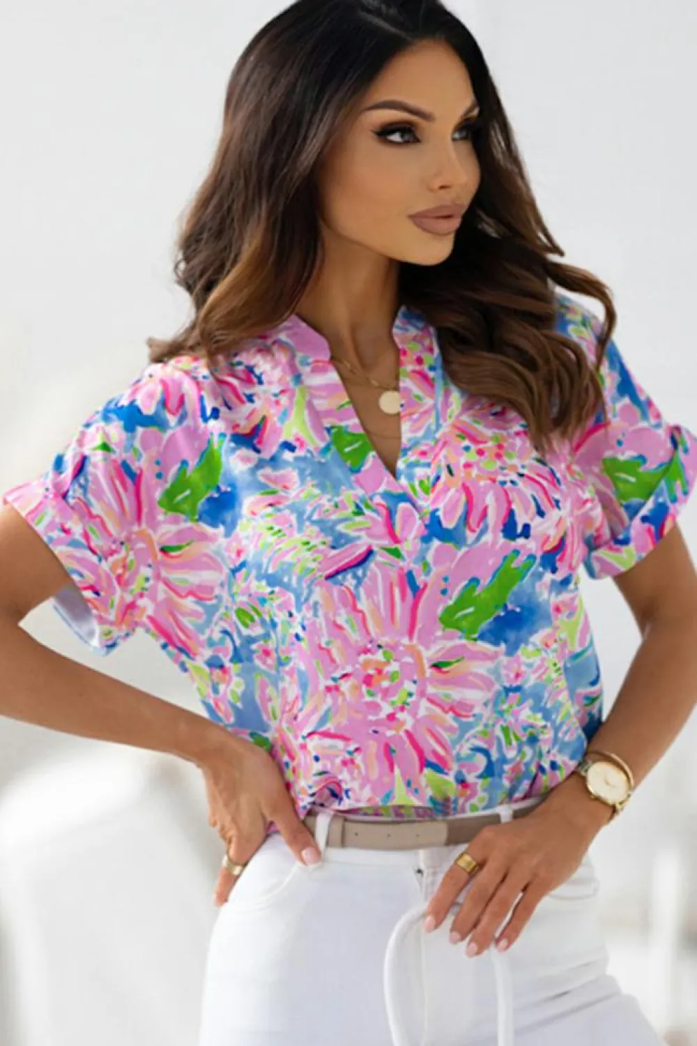 Online Dear-Lover Abstract Floral Print Notch V Neck Rolled Short Sleeve Blouse Pink