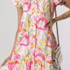 Hot Dear-Lover Abstract Floral Ruffle Trim Flutter Sleeve Buttoned Dress Pink