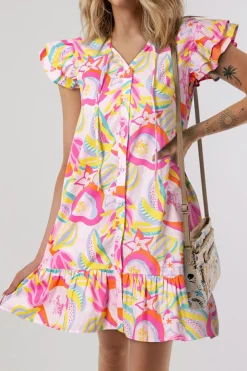 Hot Dear-Lover Abstract Floral Ruffle Trim Flutter Sleeve Buttoned Dress Pink