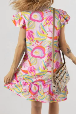 Hot Dear-Lover Abstract Floral Ruffle Trim Flutter Sleeve Buttoned Dress Pink