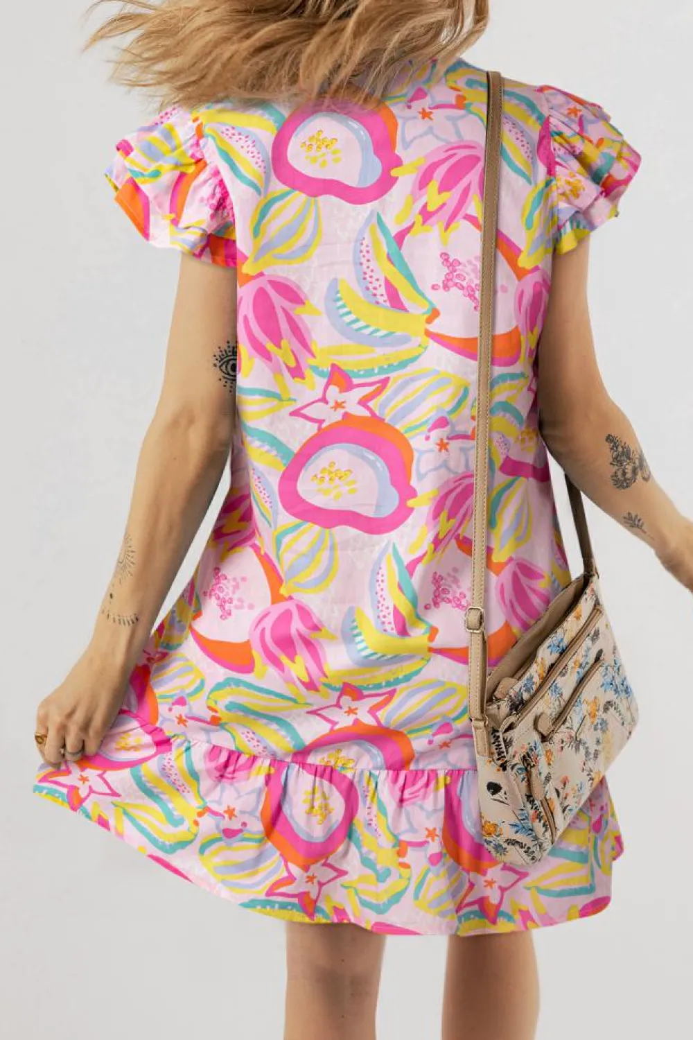 Hot Dear-Lover Abstract Floral Ruffle Trim Flutter Sleeve Buttoned Dress Pink