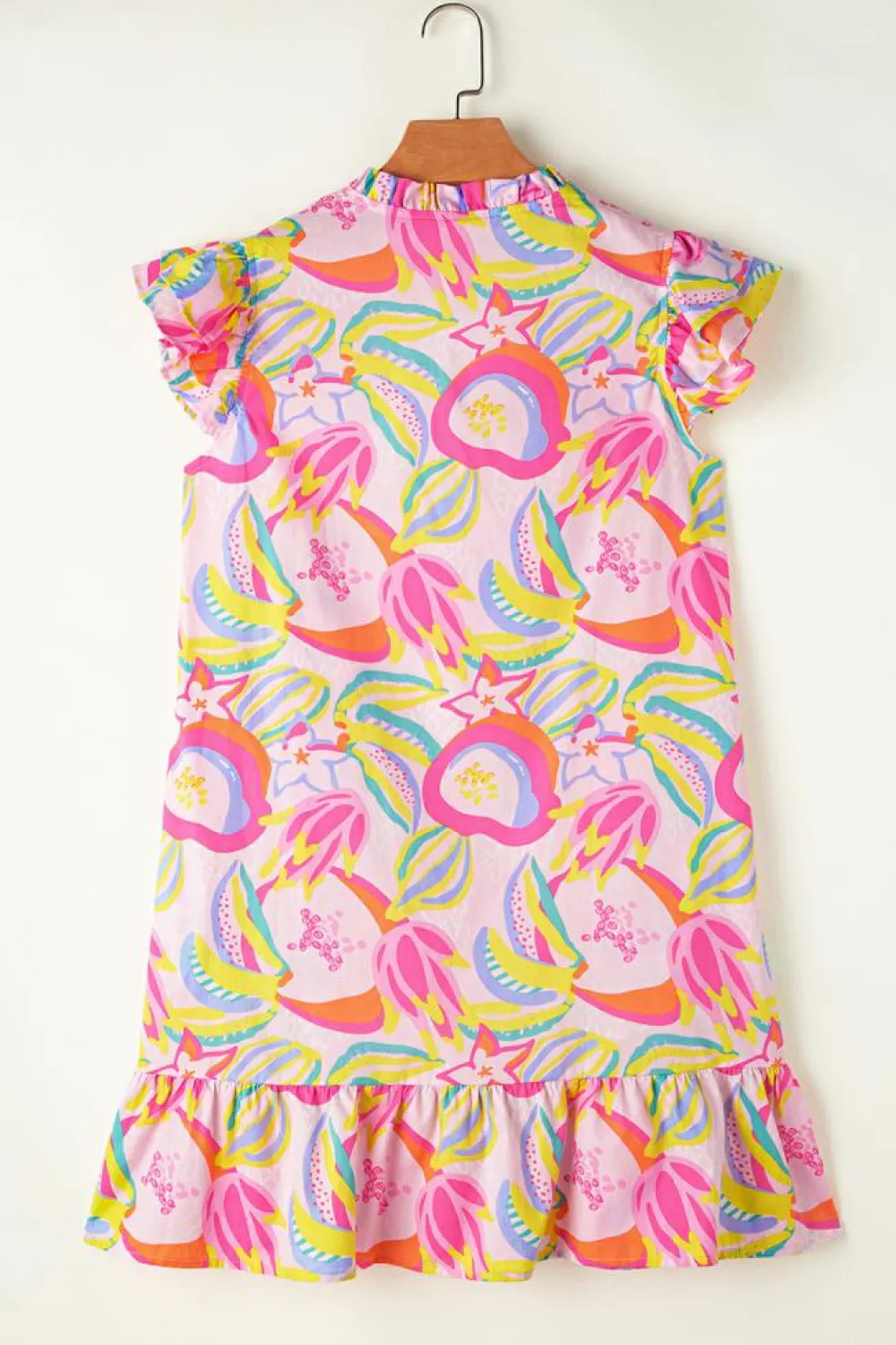 Hot Dear-Lover Abstract Floral Ruffle Trim Flutter Sleeve Buttoned Dress Pink