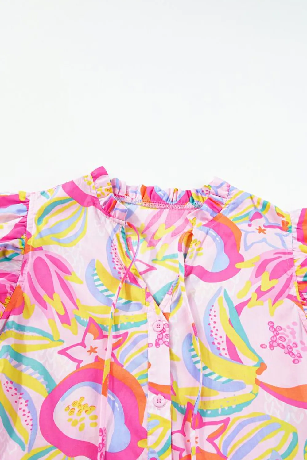 Hot Dear-Lover Abstract Floral Ruffle Trim Flutter Sleeve Buttoned Dress Pink