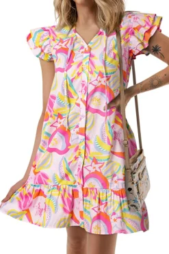Hot Dear-Lover Abstract Floral Ruffle Trim Flutter Sleeve Buttoned Dress Pink