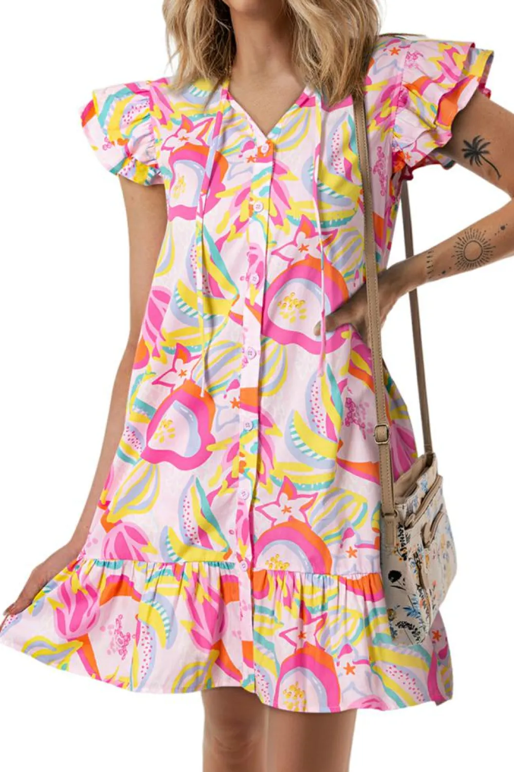 Hot Dear-Lover Abstract Floral Ruffle Trim Flutter Sleeve Buttoned Dress Pink