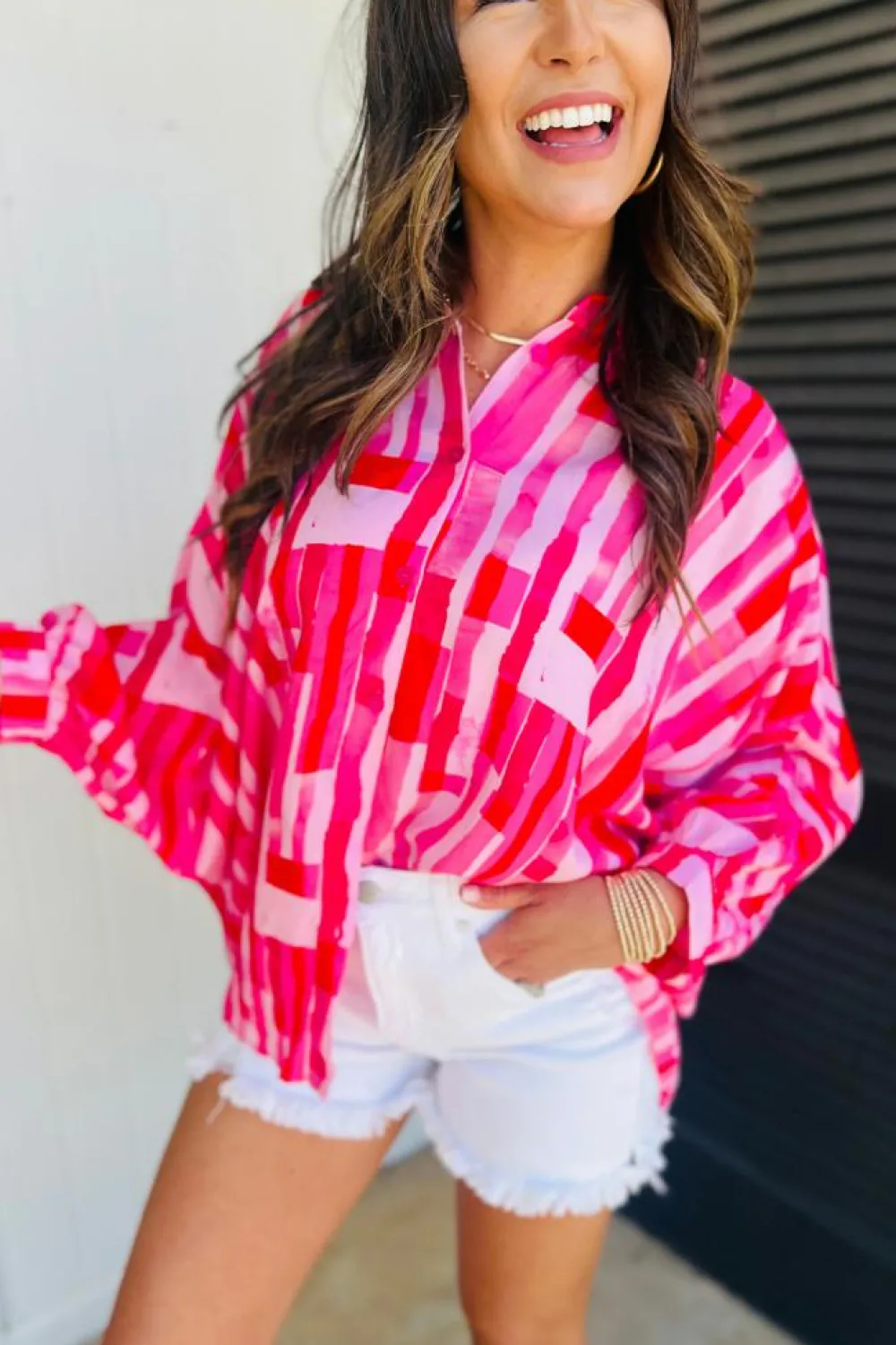 Clearance Dear-Lover Abstract Print Batwing Sleeve Casual Shirt Pink