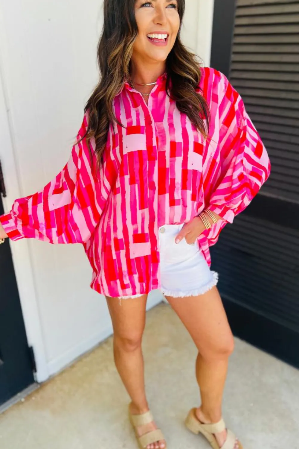 Clearance Dear-Lover Abstract Print Batwing Sleeve Casual Shirt Pink