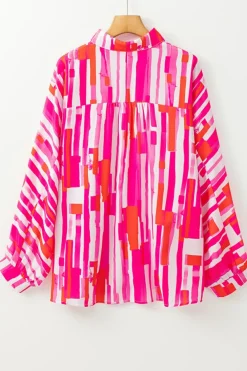 Clearance Dear-Lover Abstract Print Batwing Sleeve Casual Shirt Pink