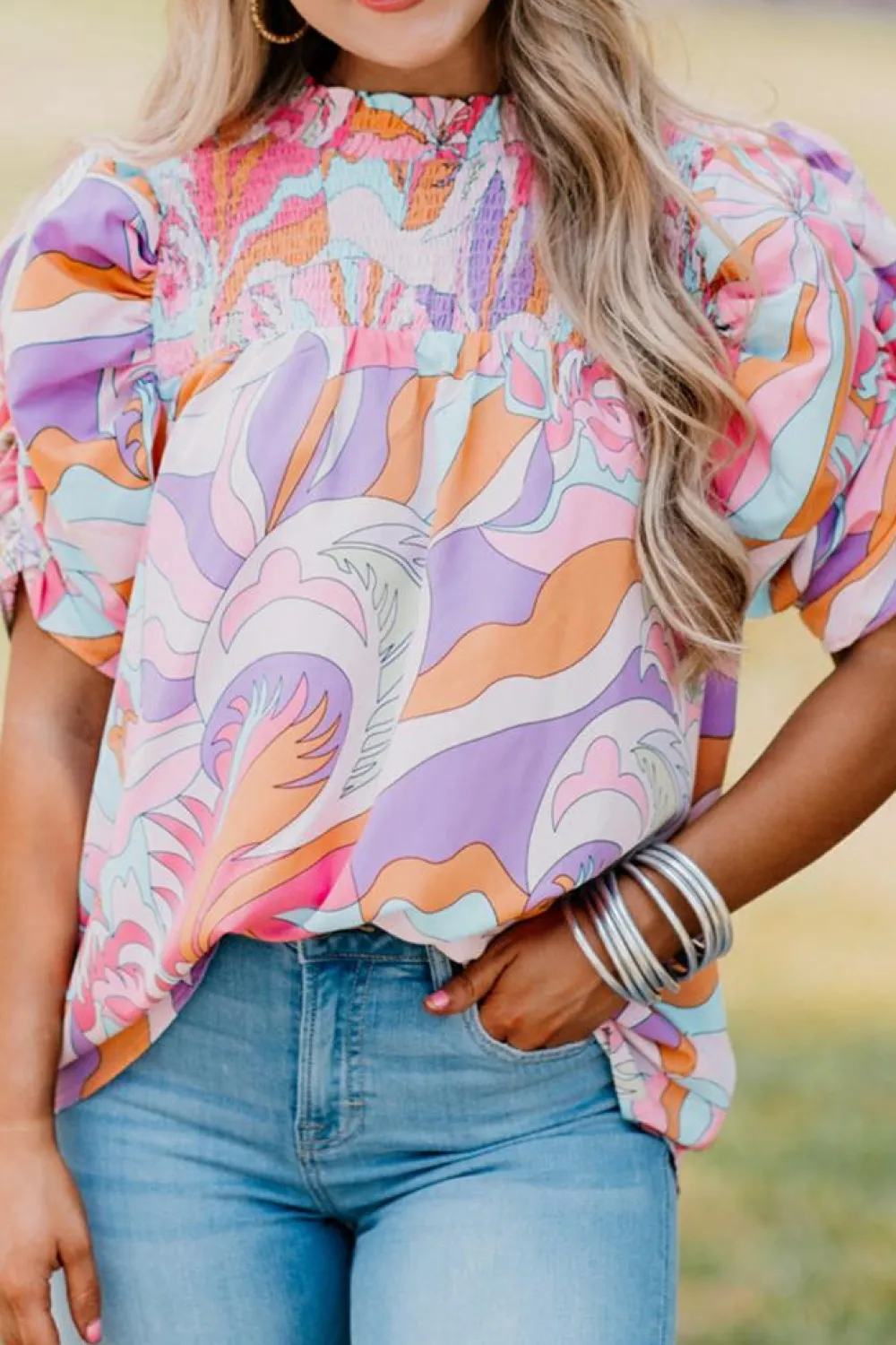 Outlet Dear-Lover Abstract Print Bubble Sleeve Smock Detail Blouse Pink