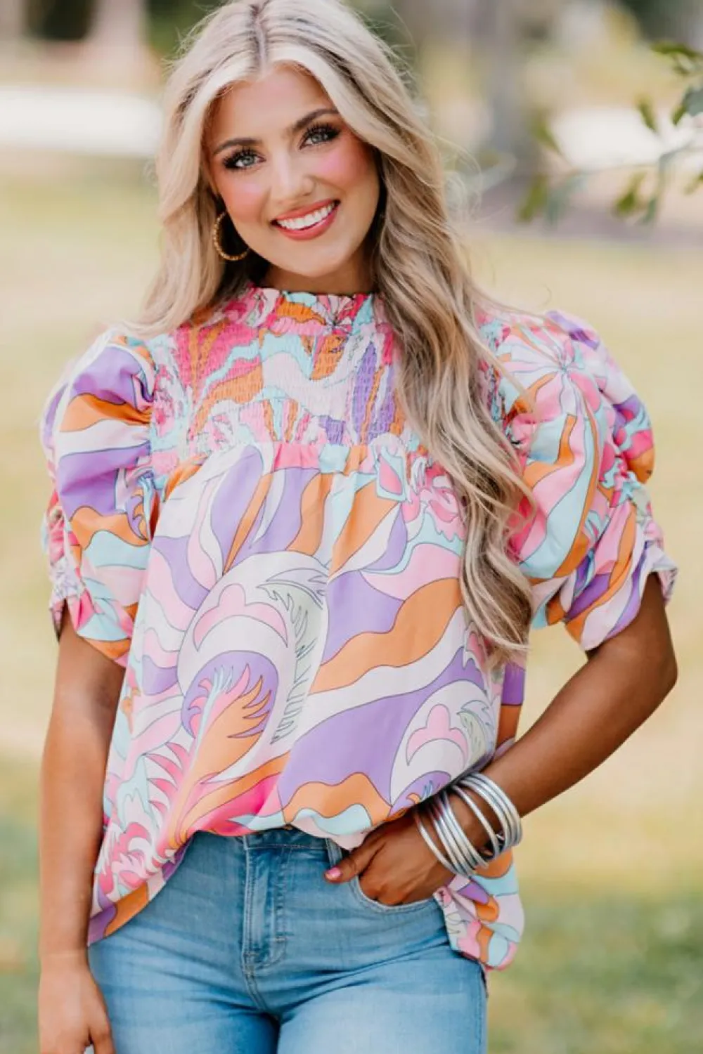 Outlet Dear-Lover Abstract Print Bubble Sleeve Smock Detail Blouse Pink