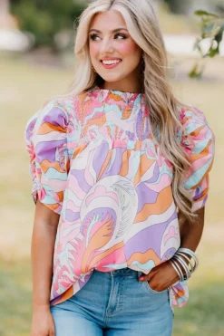 Outlet Dear-Lover Abstract Print Bubble Sleeve Smock Detail Blouse Pink