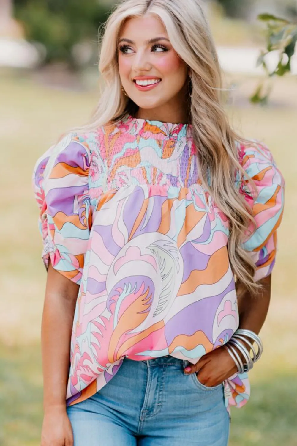 Outlet Dear-Lover Abstract Print Bubble Sleeve Smock Detail Blouse Pink