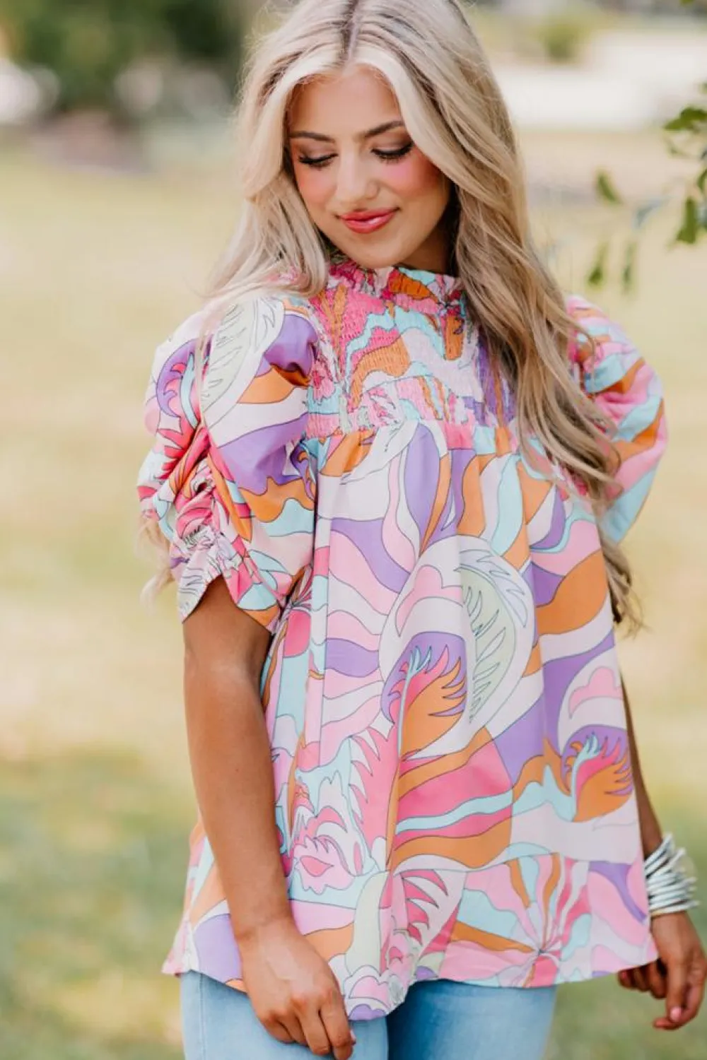 Outlet Dear-Lover Abstract Print Bubble Sleeve Smock Detail Blouse Pink