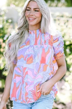 Outlet Dear-Lover Abstract Print Bubble Sleeve Smock Detail Blouse Pink