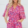 Fashion Dear-Lover Abstract Print Puff Sleeve V Neck High Waist Romper Pink