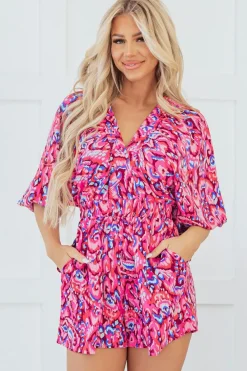 Fashion Dear-Lover Abstract Print Puff Sleeve V Neck High Waist Romper Pink