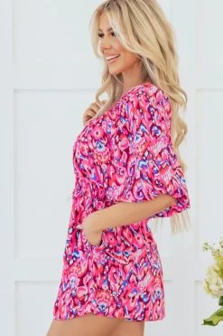 Fashion Dear-Lover Abstract Print Puff Sleeve V Neck High Waist Romper Pink